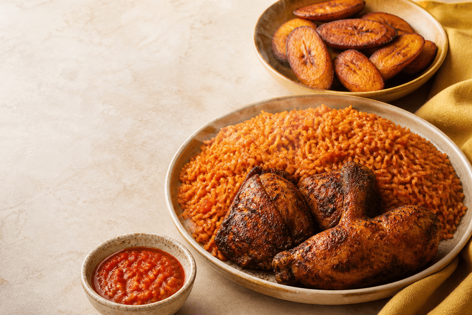 A platter of smoky jollof rice, grilled chicken and fried plantain